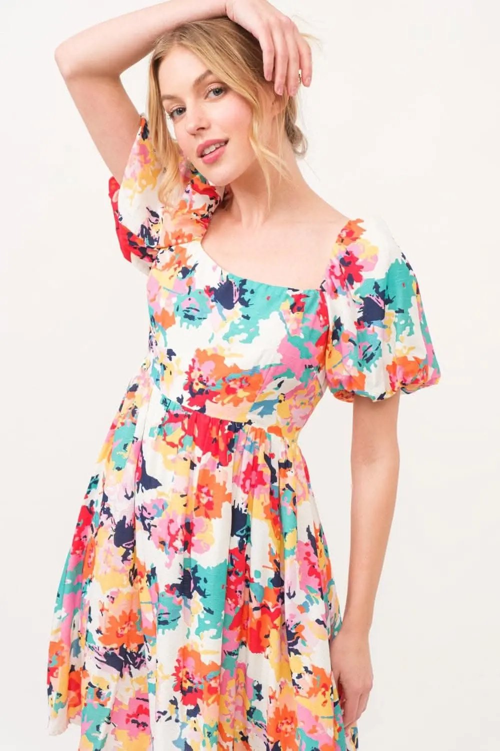 And The Why Square Neck Puff Sleeve Floral Dress Delight - Love Salve